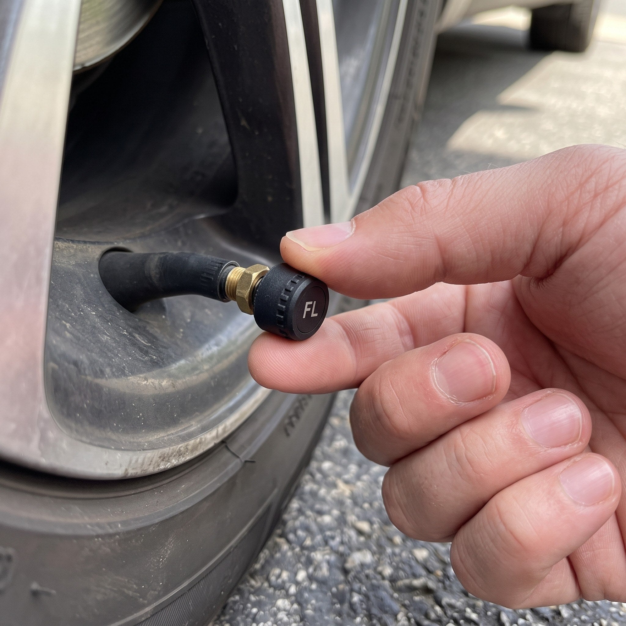 A driver checks an external tyre sensor beside a parked car