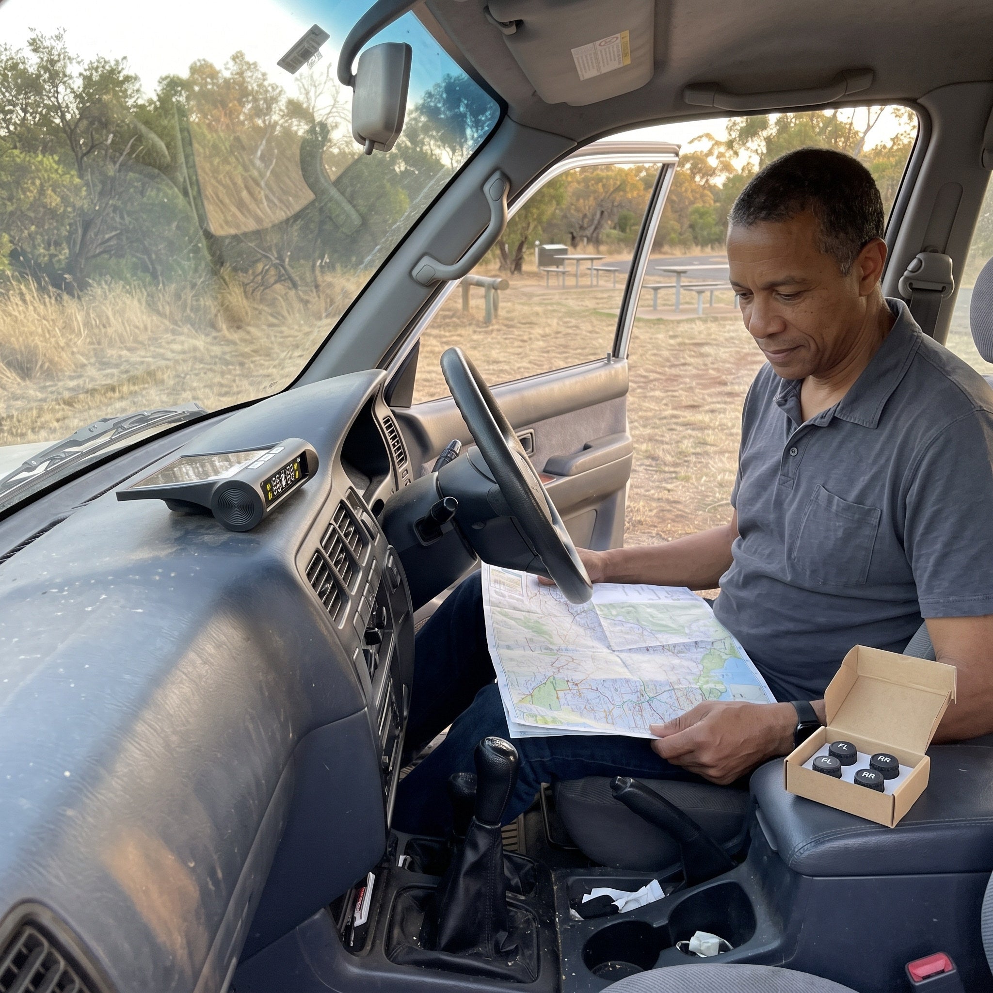 Roadstead solar monitor in everyday car and road-trip use scene 3