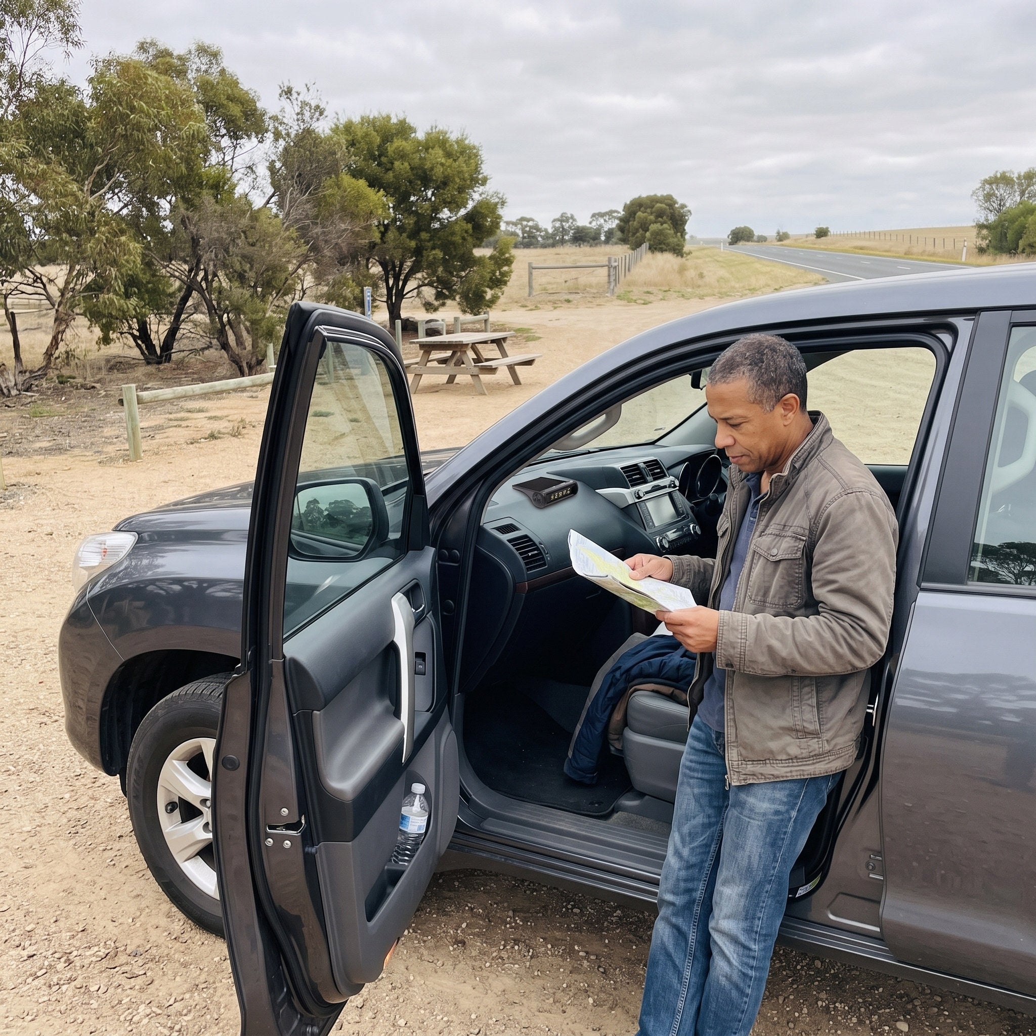 Marcus photographs the monitor from the passenger seat of a parked 4WD