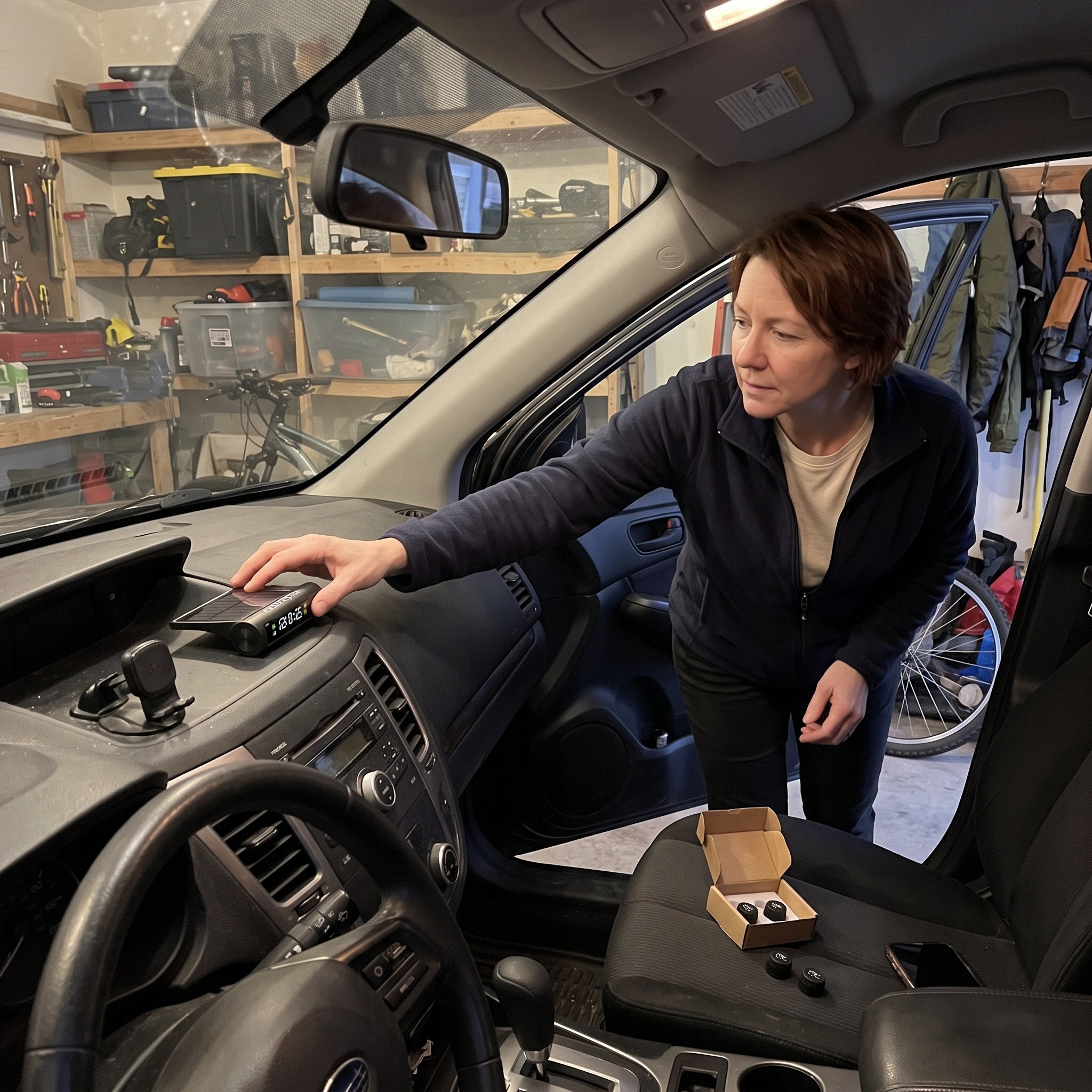 Claire checks the receiver placement in a car parked in her garage